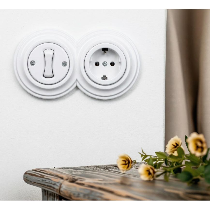 Reblig - Interruptor unipolar Retro n.º 1 e tomada SCHUKO 230V com moldura, branco neve