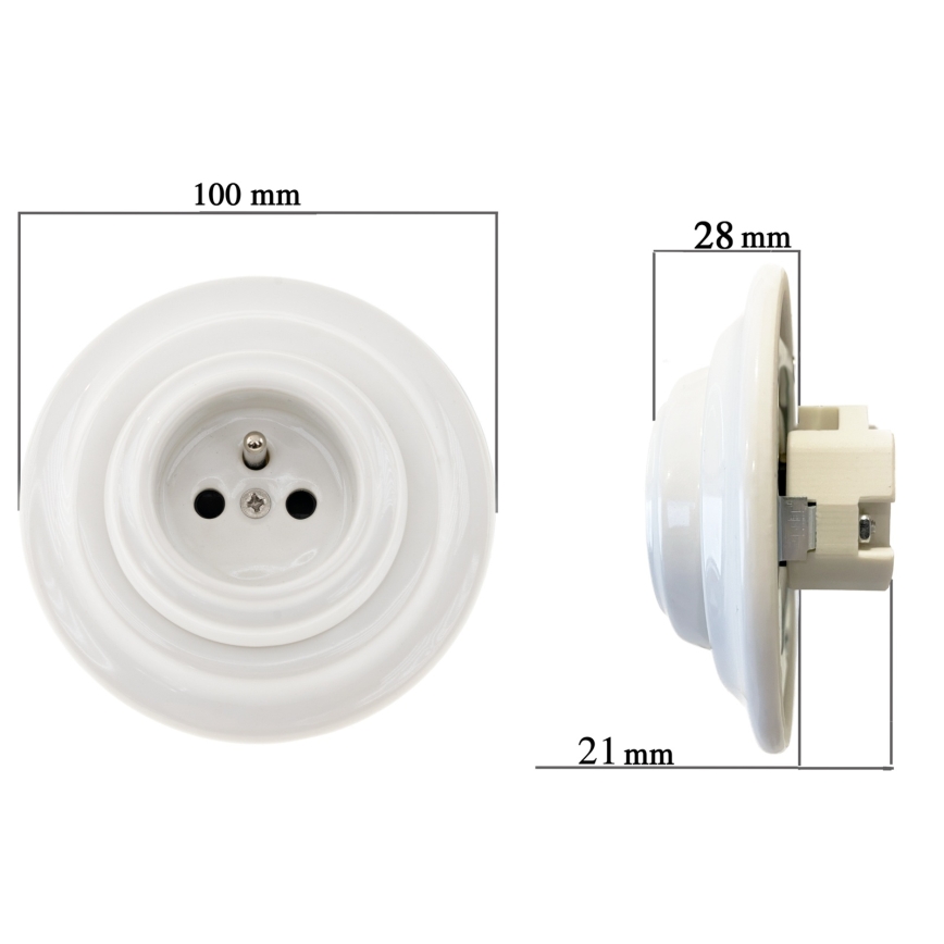 Reblig - Tomada doméstica retro em porcelana com moldura SCHUKO 250V/16A branca