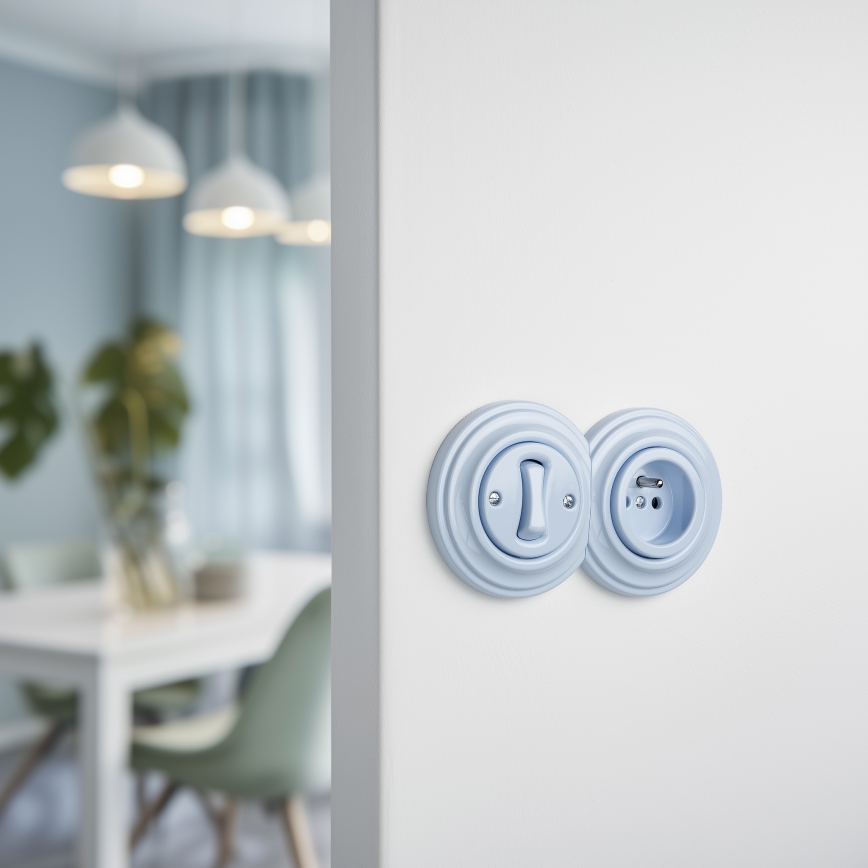 Reblig - Retro interruptor unipolar n.º 1 e tomada 230 V com moldura, azul