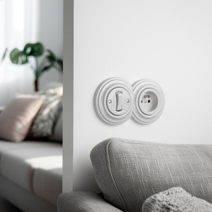 Reblig -Retro interruptor unipolar n.º 1 e tomada 230 V com moldura em cerâmica branca