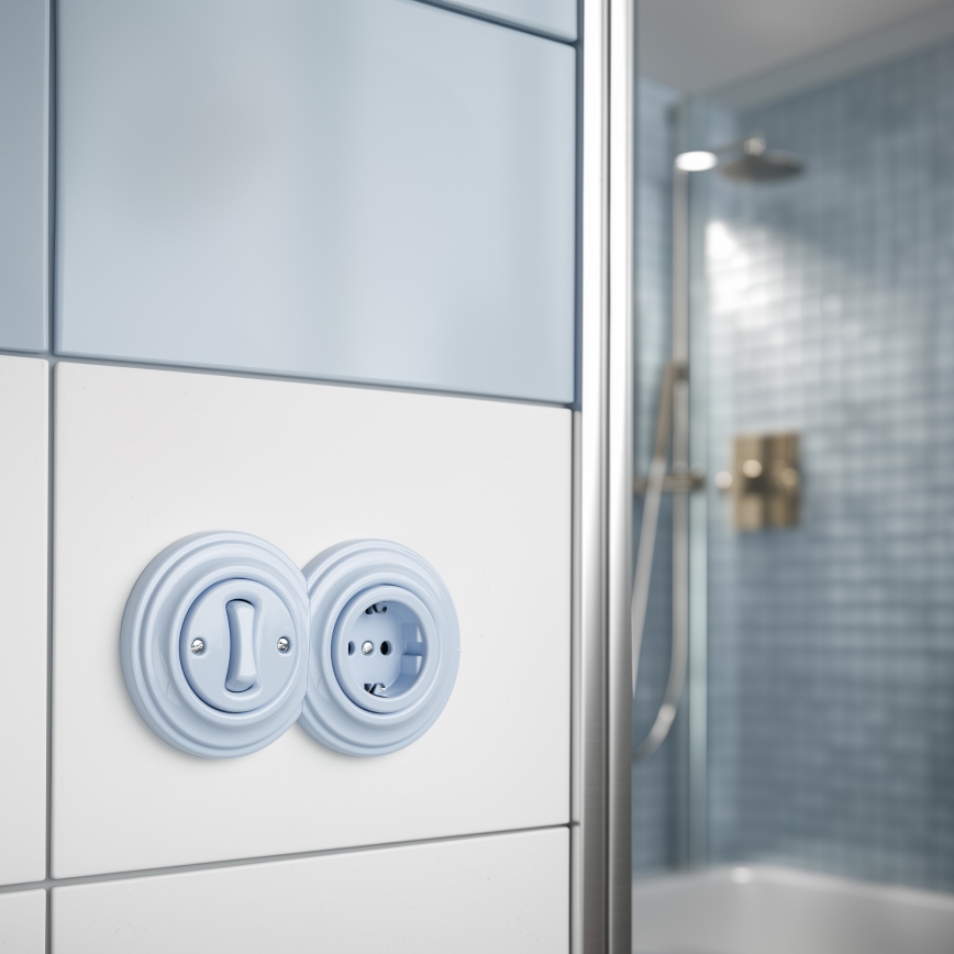 Reblig - Retro interruptor unipolar n.º 1 e tomada SCHUKO 230V com moldura azul