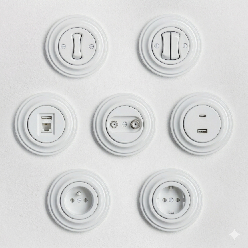 Reblig - Tomada de dados retro com moldura em branco neve