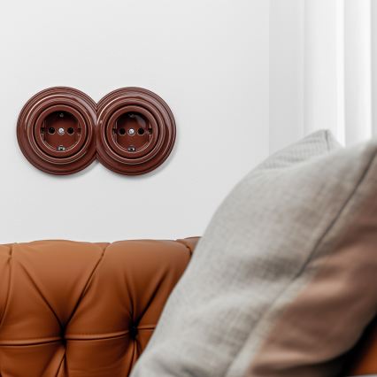 Reblig - Tomada de parede dupla retro com moldura 230 V, castanha