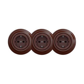 Reblig - Tomada de parede retro tripla com moldura SCHUKO 230V castanha