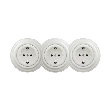 Reblig - Tomada de parede retro tripla com moldura SCHUKO 230V, em cerâmica branca