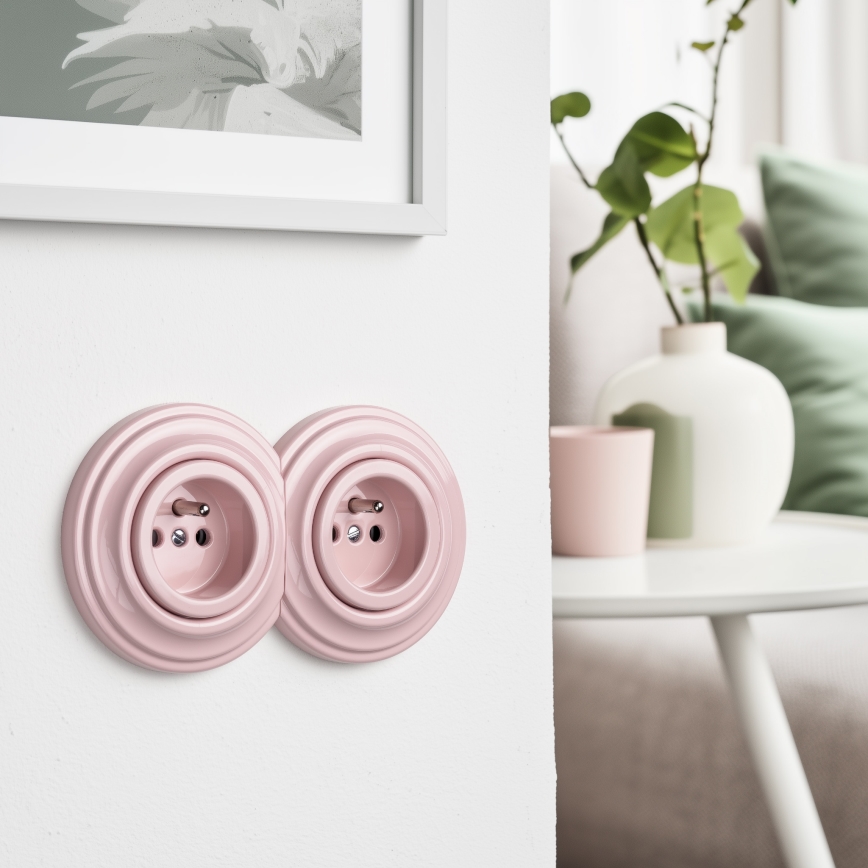 Reblig - Tomada doméstica dupla retro com moldura 230V em rosa antigo