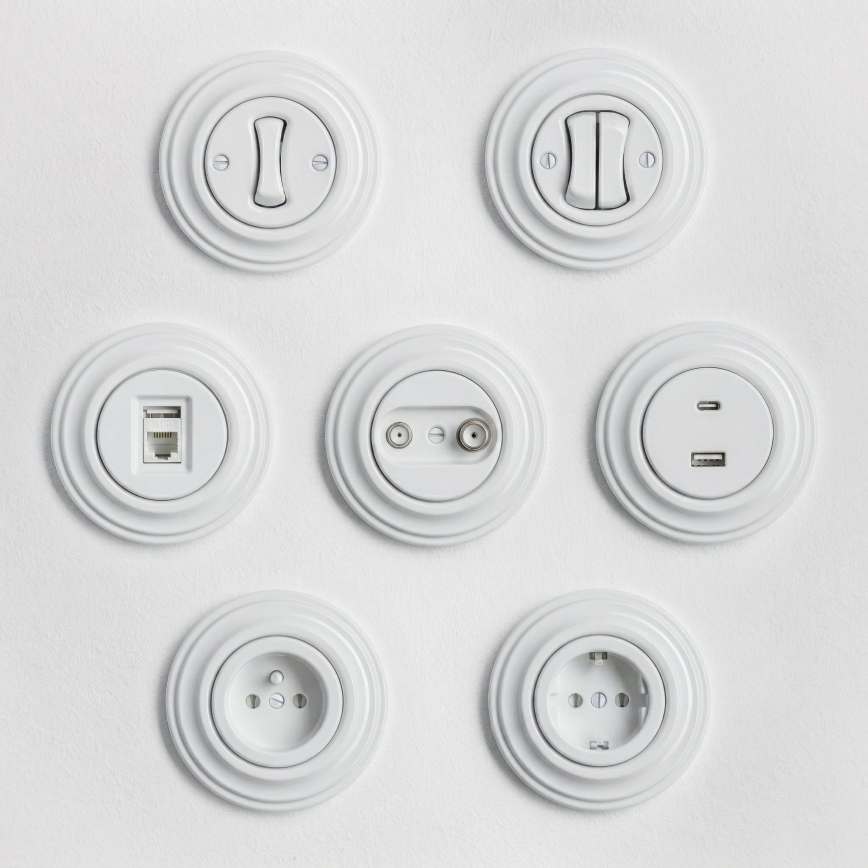 Reblig - Tomada doméstica retro com moldura SCHUKO 230V/16A branco neve
