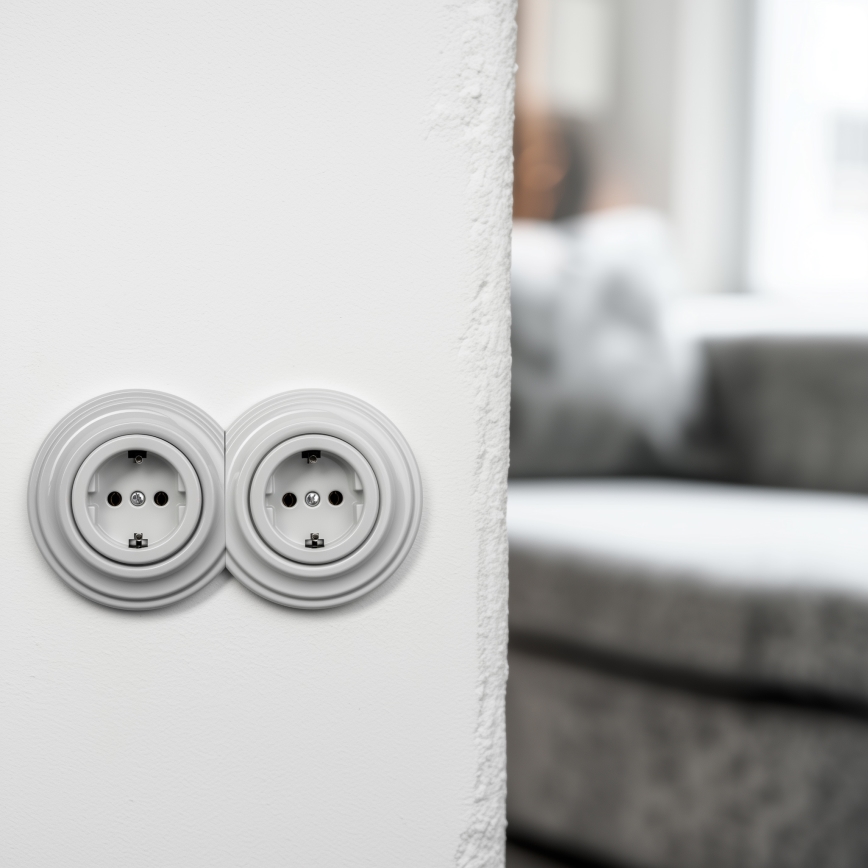 Reblig - Tomada dupla doméstica retro com moldura SCHUKO 230 V, cerâmica branca