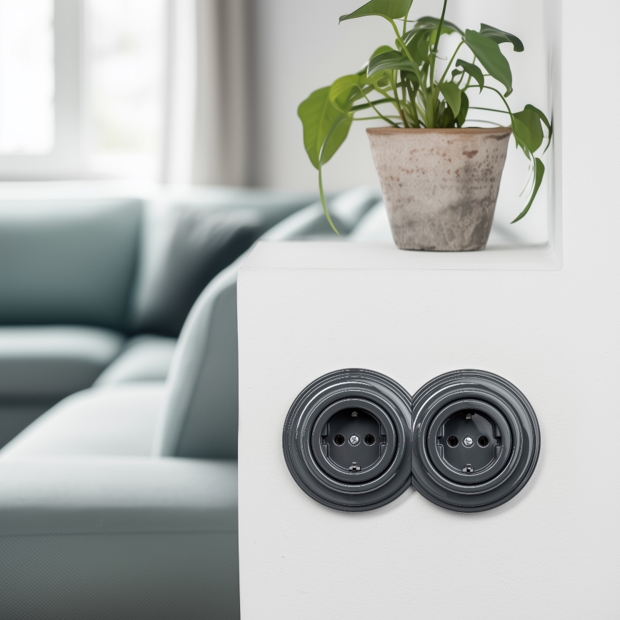 Reblig - Tomada dupla retro para uso doméstico com moldura SCHUKO 230 V antracite