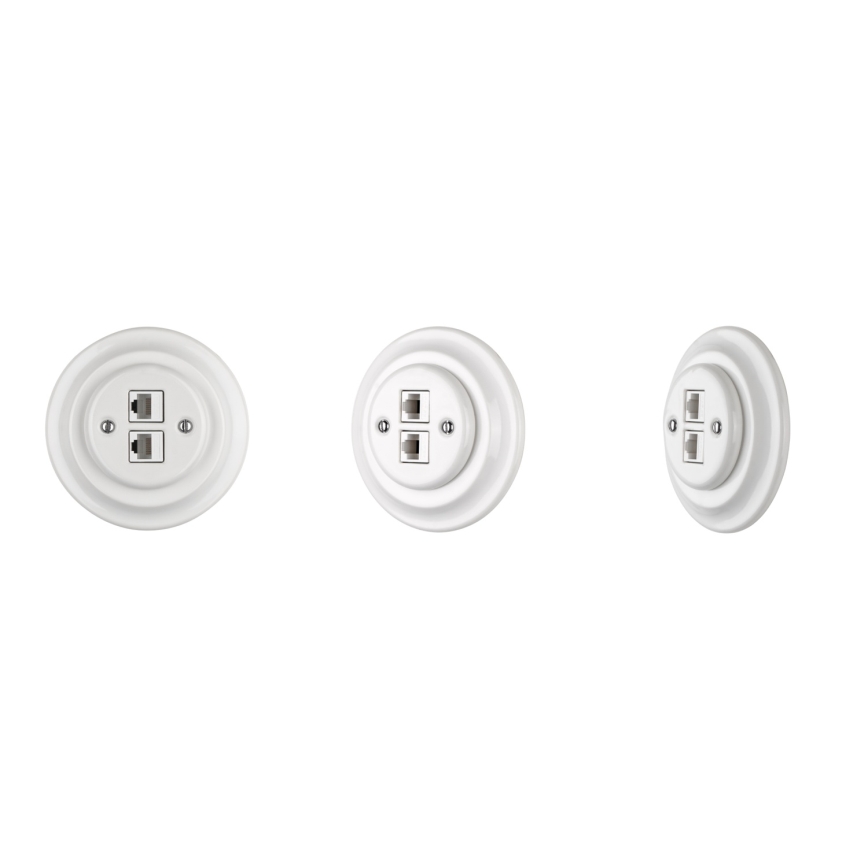 Reblig - Tomada Ethernet retro em porcelana com moldura 2x CAT.5E branca