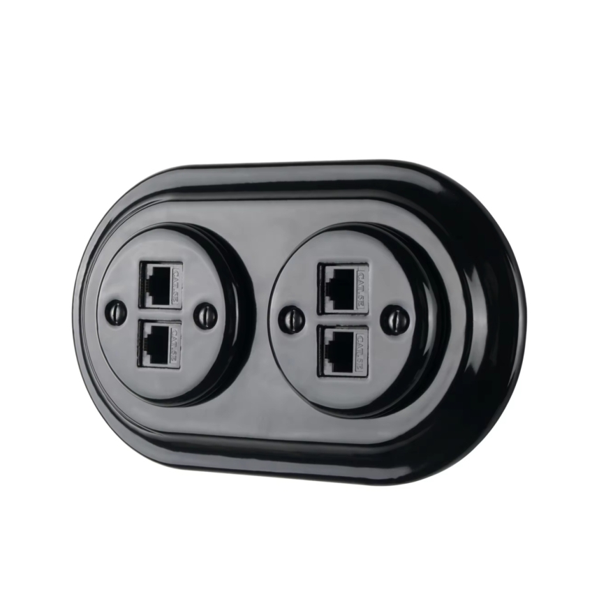 Reblig - Tomada Ethernet retro em porcelana com moldura 2xCAT.5E preta