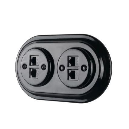Reblig - Tomada Ethernet retro em porcelana sem moldura 2x CAT.5E preta