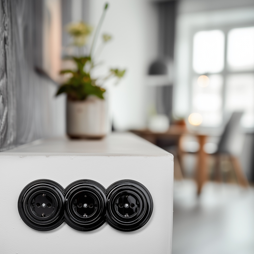 Reblig - Tomada tripla retro doméstica com moldura SCHUKO 230V preta
