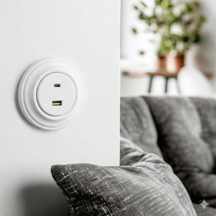 Reblig - Tomada USB Retro A+C com moldura, branco neve
