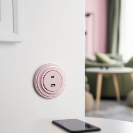 Reblig - Tomada USB retro A+C com moldura, rosa vintage