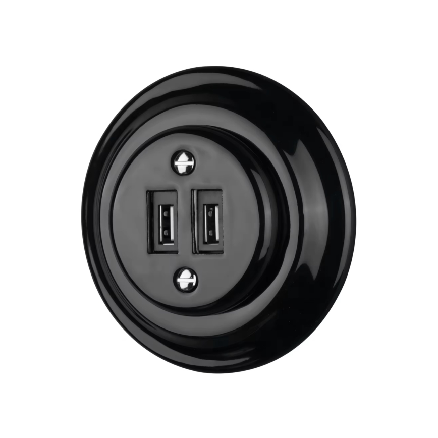 Reblig - Tomada USB retro em porcelana sem moldura, 2x USB-A, preta