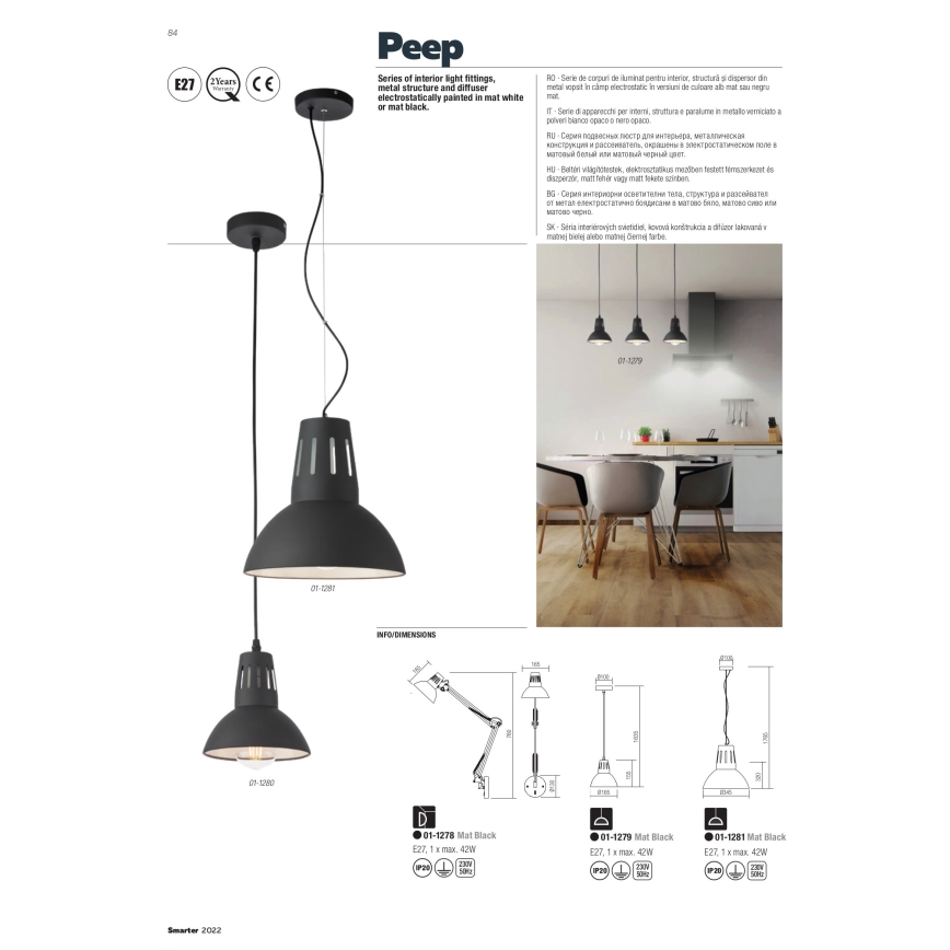 Redo 01-1282 - Lustre suspenso por cabo PEEP 1xE27/42W/230V Ø 34,5 cm branco