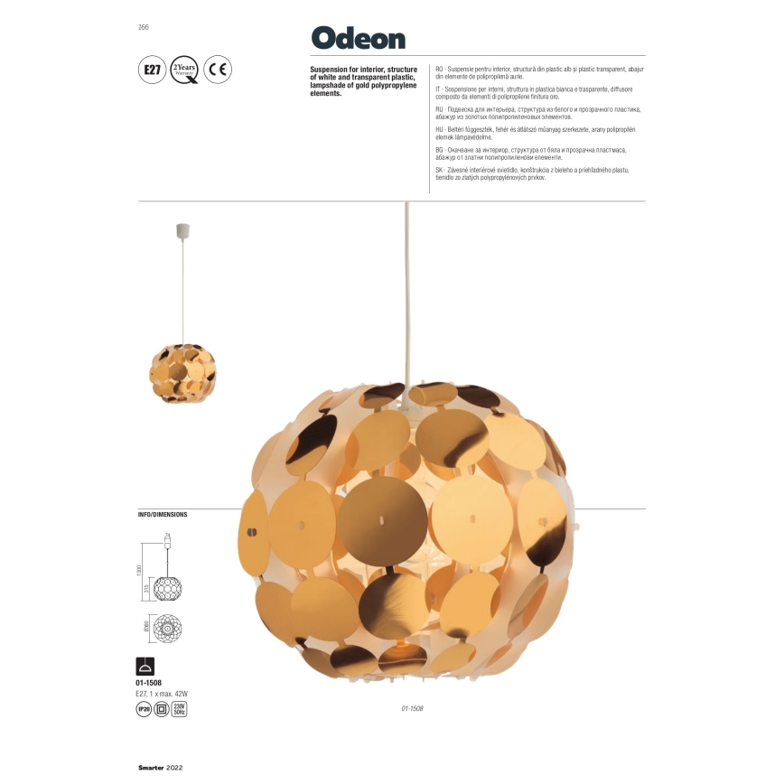 Redo 01-1508 - Candeeiro suspenso ODEON 1xE27/42W/230V diâmetro 36 cm dourado