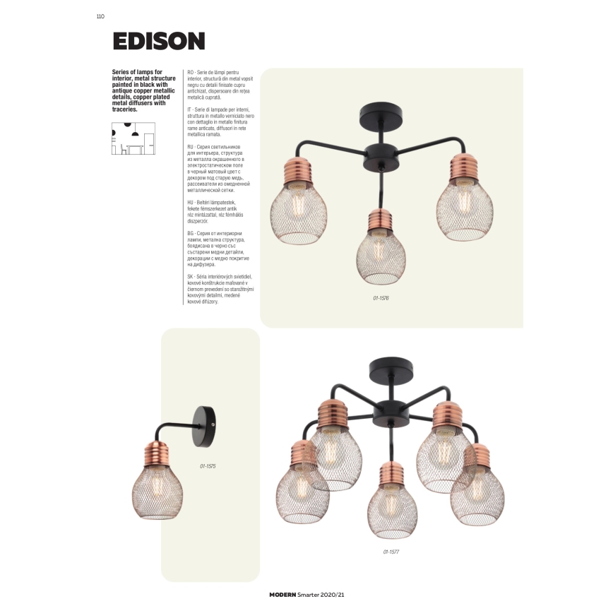 Redo 01-1577 - Lustre em haste EDISON 5xE27/42W/230V, diâmetro 53 cm, preto/cobre
