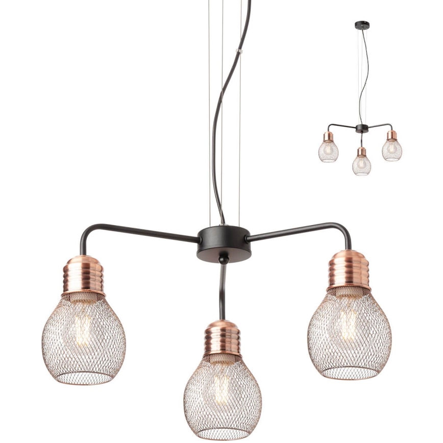 Redo 01-1579 - Lustre suspenso por cabo EDISON 3xE27/42W/230V Ø 53 cm preto/cobre