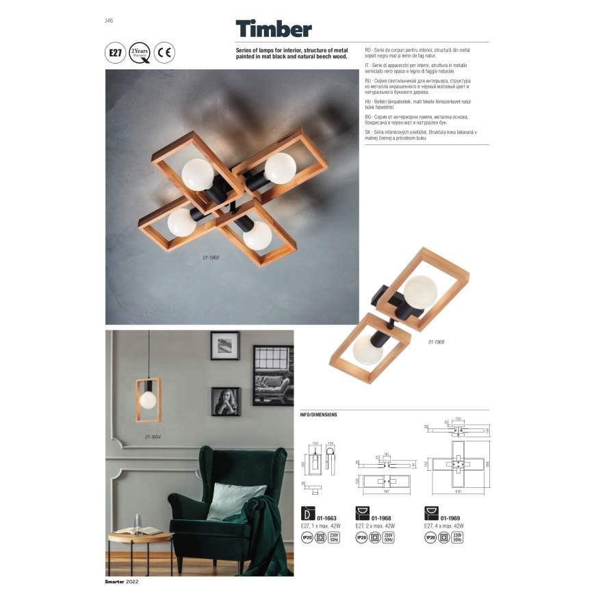 Redo 01-1665 - Candelabro suspenso TIMBER 3xE27/42W/230V faia