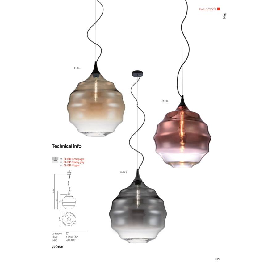 Redo 01-1846 - Candeeiro suspenso SLAG 1xE27/42W/230V diâmetro 40 cm cobre