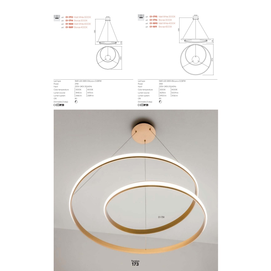 Redo 01-1891 - Lustre pendente regulável em cabo TORSION LED/35W/230V Ø 75 cm, acabamento bronze