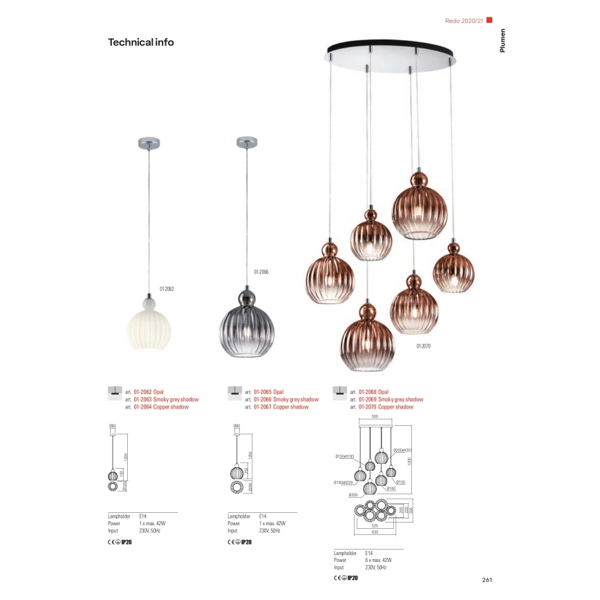 Redo 01-2070 - Candelabro suspenso PLUMEN 6xE14/42W/230V cobre