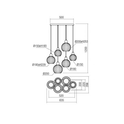Redo 01-2070 - Candelabro suspenso PLUMEN 6xE14/42W/230V cobre