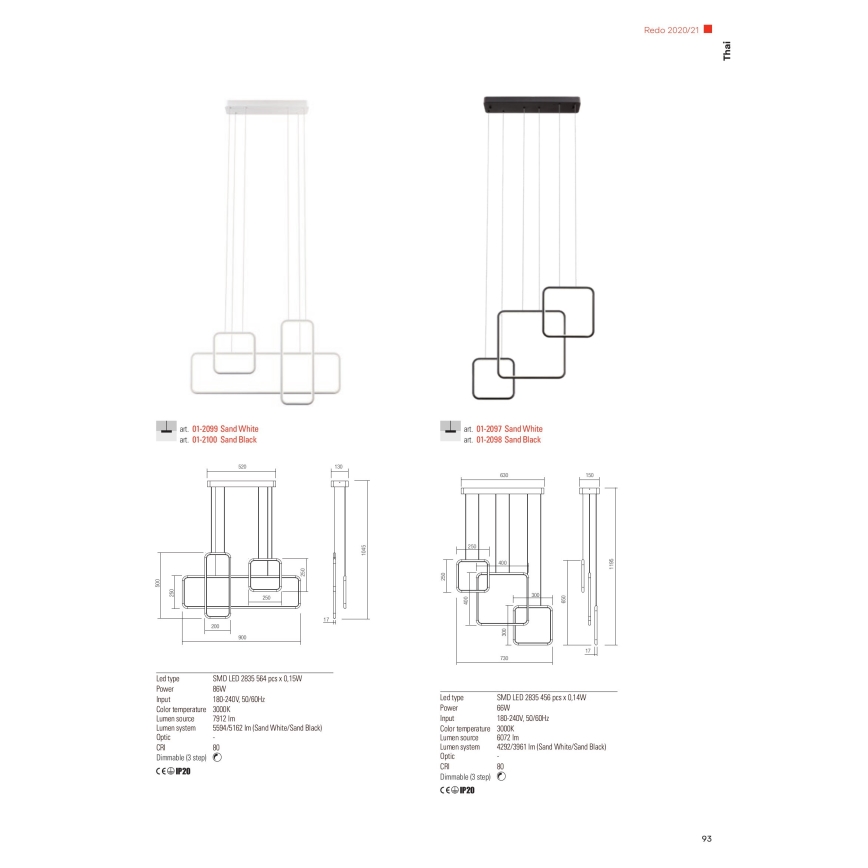 Redo 01-2099 - Pendente dimerizável em cabo THAI LED/86W/230V branco