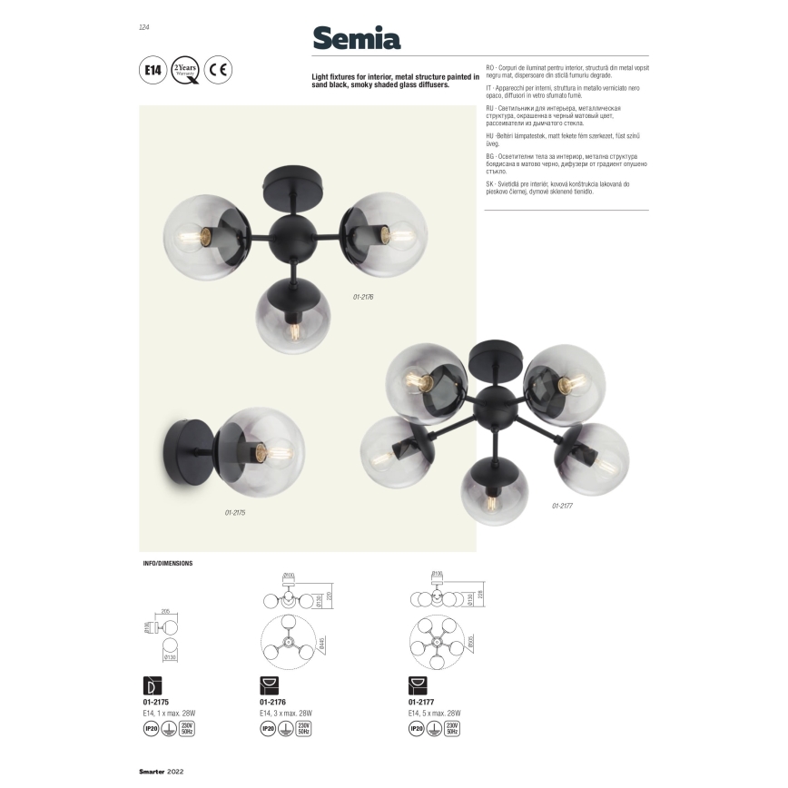 Redo 01-2175 - Aplique de parede SEMIA 1xE14/28W/230V preto/fumê