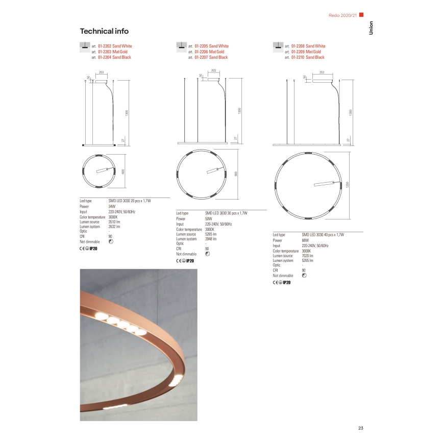 Redo 01-2208 - Candeeiro suspenso LED UNION LED/68W/230V CRI 90 3000K diâmetro 120 cm branco