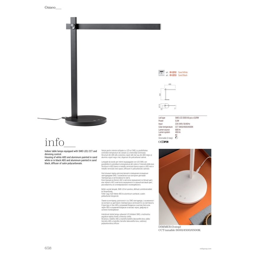 Redo 01-2213 - Candeeiro de mesa táctil LED com regulação OMEO LED/5,5W/230V 3000/4500/6500K preto