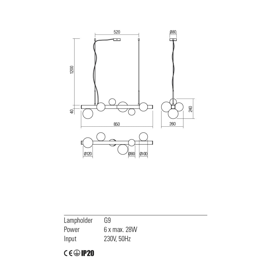 Redo 01-2374 - Candelabro suspenso GOJI 6xG9/28W/230V dourada