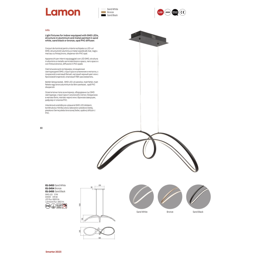 Redo 01-2455 - Candelabro suspenso LED LAMON LED/57W/230V preto
