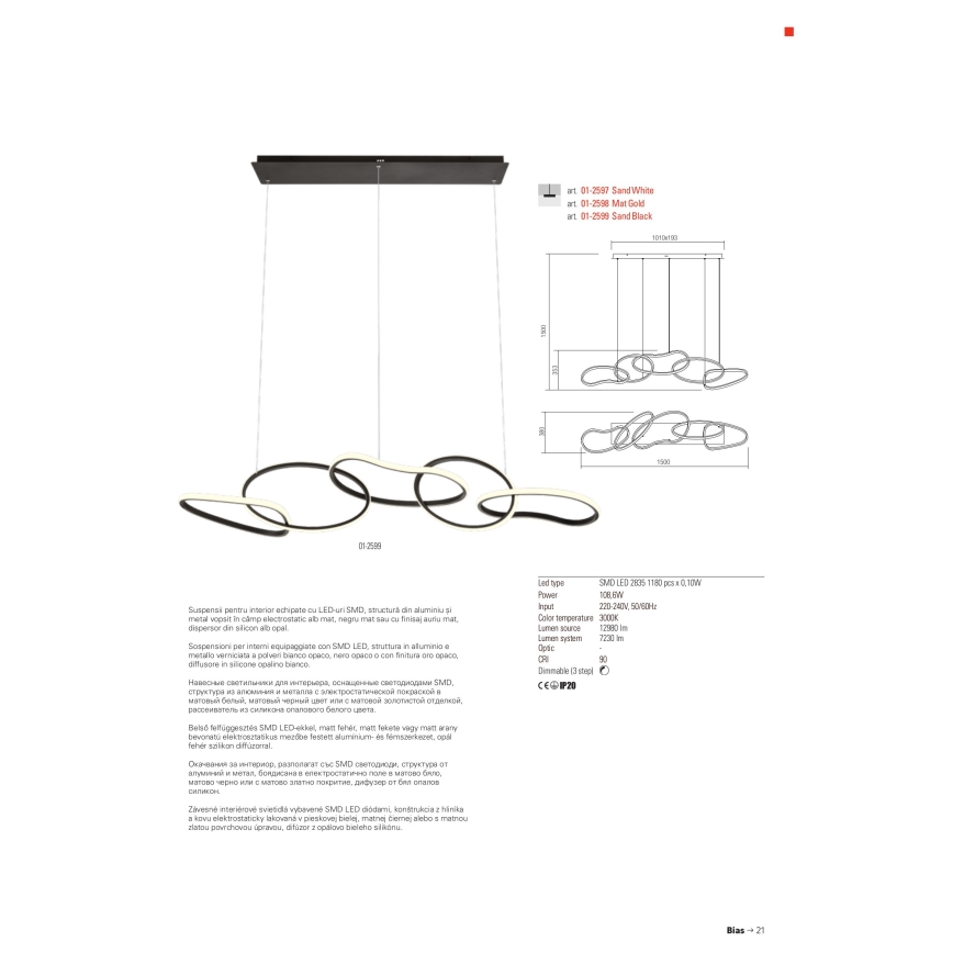 Redo 01-2596 - Lustre LED dimerizável suspenso por cabo BIAS LED/87,4W/230V 3000K CRI 90 preto