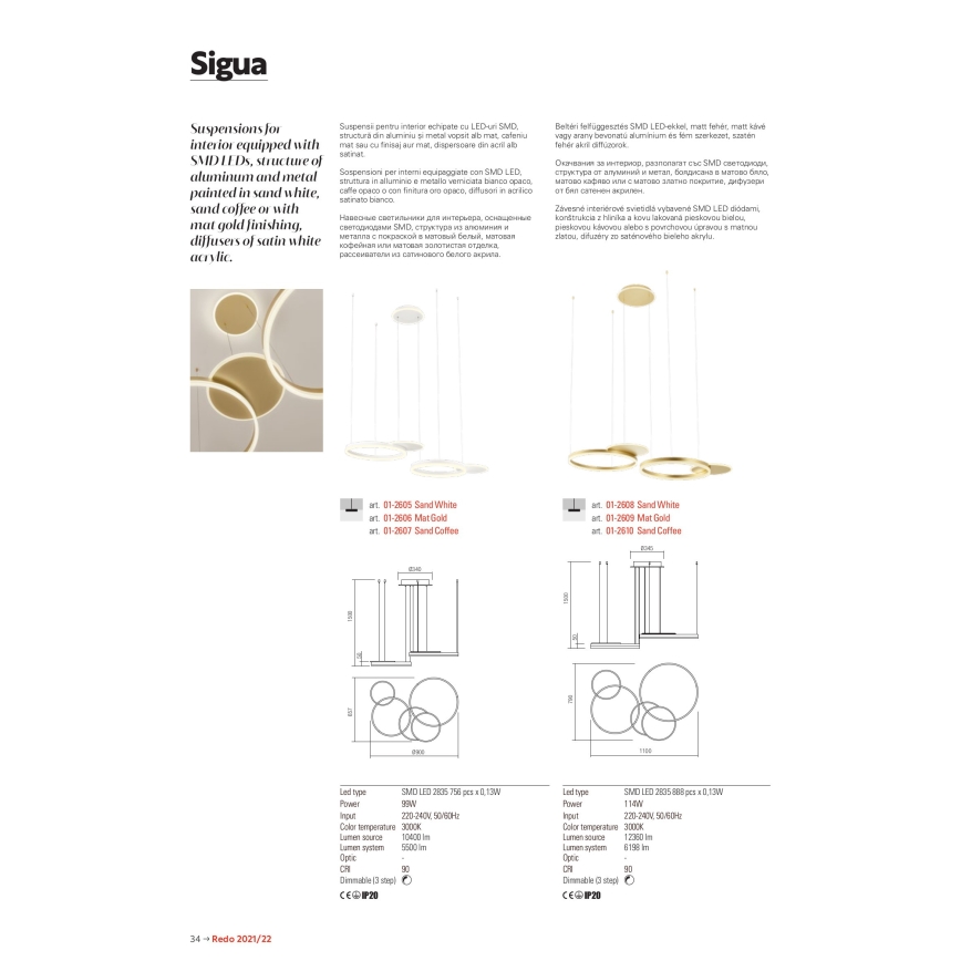 Redo 01-2608 - Lustre LED dimerizável suspenso por cabo SIGUA LED/114W/230V CRI 90 branco