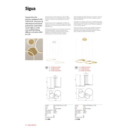 Redo 01-2609 - Candeeiro suspenso LED com regulação SIGUA LED/114W/230V CRI 90 3000K dourado