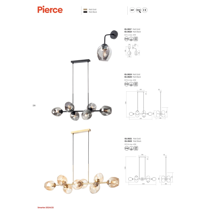 Redo 01-2617 - Candeeiro de parede PIERCE 1xE27/42W/230V dourado/fumado