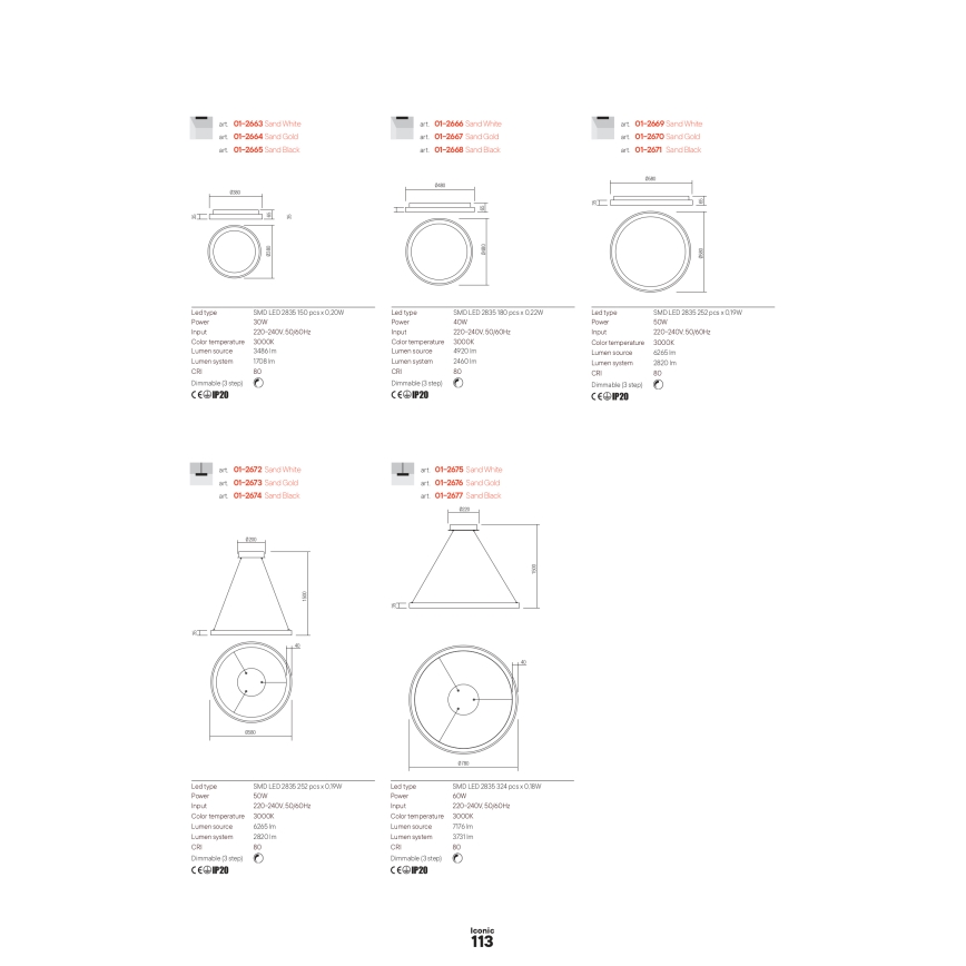 Redo 01-2675 - Candeeiro pendente dimável ICONIC em cabo, LED 60 W/230 V, diâmetro 78 cm, branco