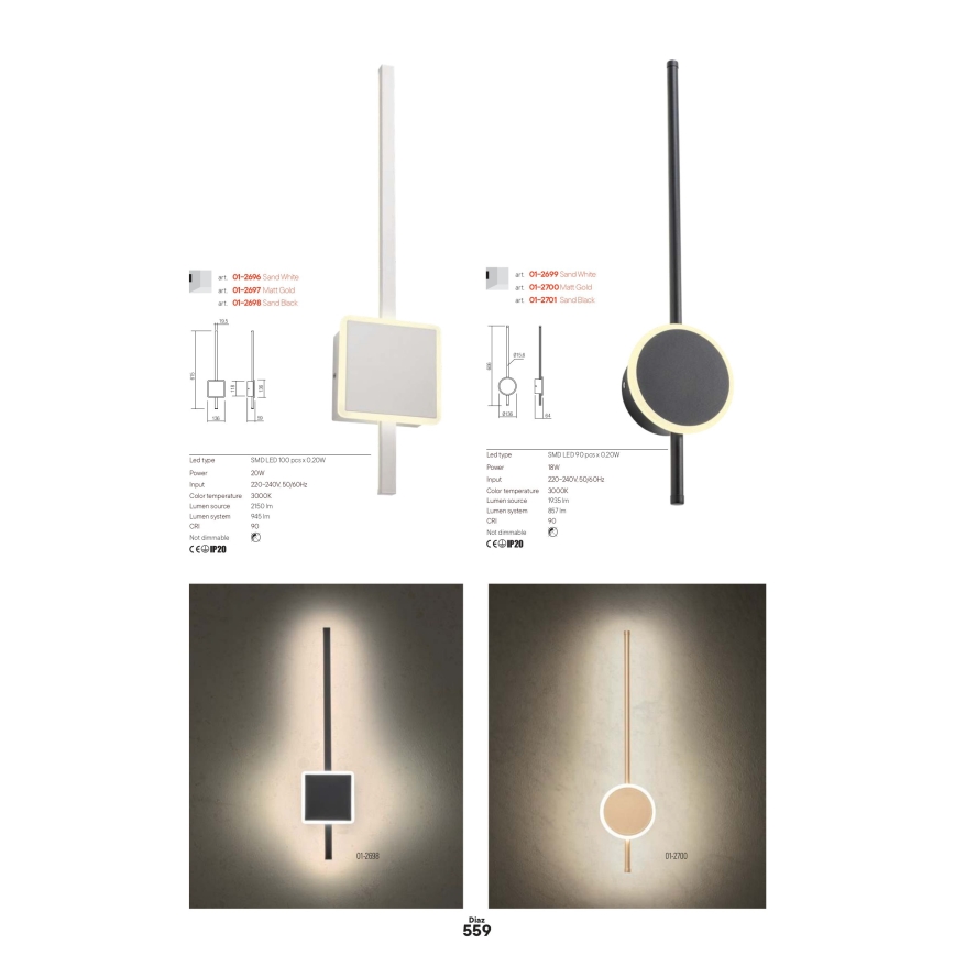 Redo 01-2697 - Aplique de parede LED DIAZ LED/20W/230V IRC 90 dourado
