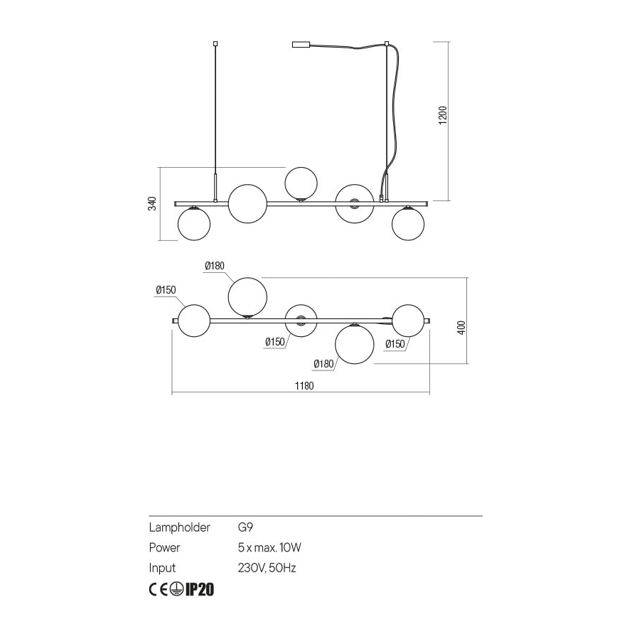 Redo 01-2779 - Candelabro suspenso ROY 5xG9/10W/230V