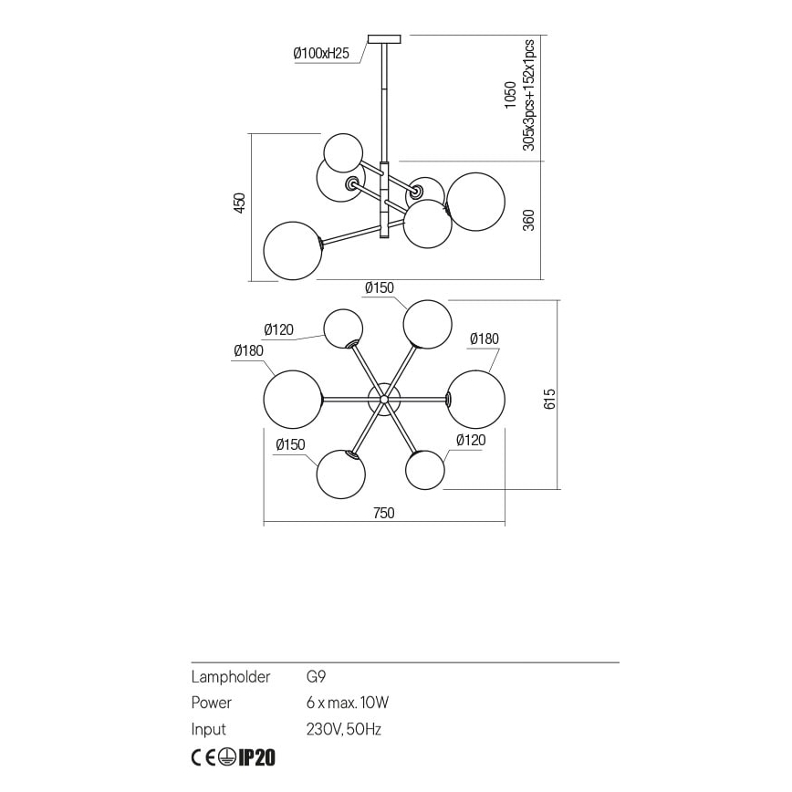 Redo 01-2780 - Candelabro suspenso ROY 6xG9/10W/230V