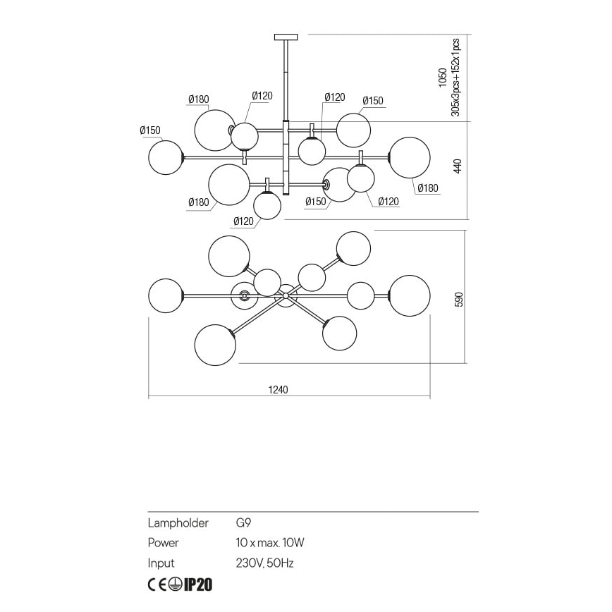 Redo 01-2781 - Candelabro suspenso ROY 10xG9/10W/230V
