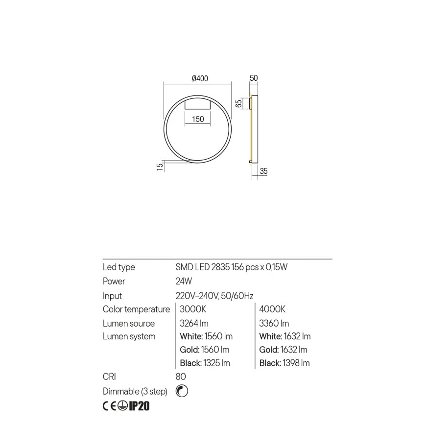 Redo 01-2819 - Candeeiro de parede LED dimerizável FEBE LED/24W/230V preto