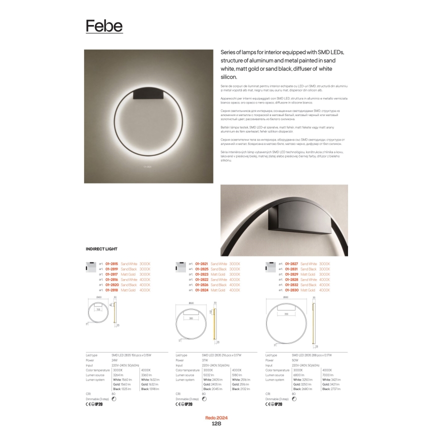 Redo 01-2835 - Aplique de parede LED regulável FEBE LED/24W/230V dourado