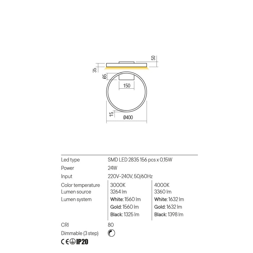 Redo 01-2835 - Aplique de parede LED regulável FEBE LED/24W/230V dourado