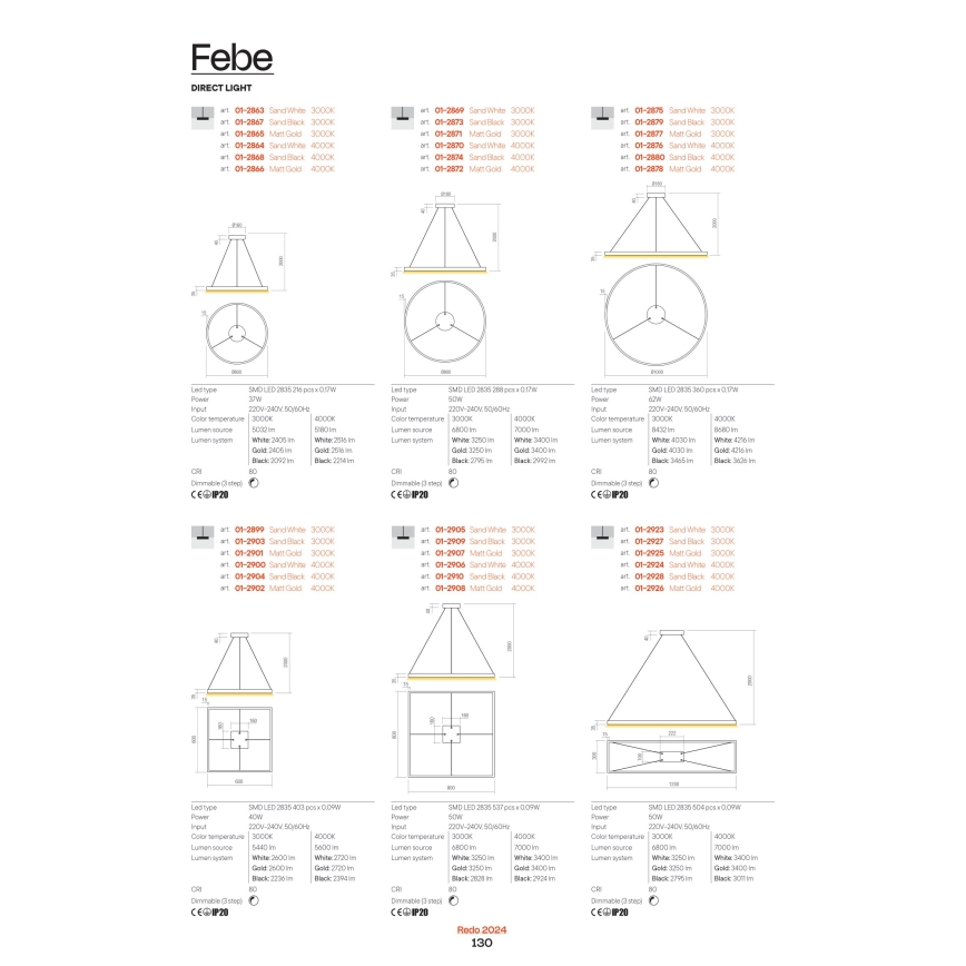 Redo 01-2865 - Lustre LED regulável suspenso por cabo FEBE LED/37W/230V dourado