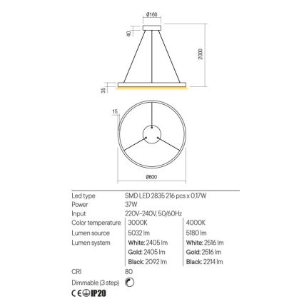 Redo 01-2865 - Lustre LED regulável suspenso por cabo FEBE LED/37W/230V dourado