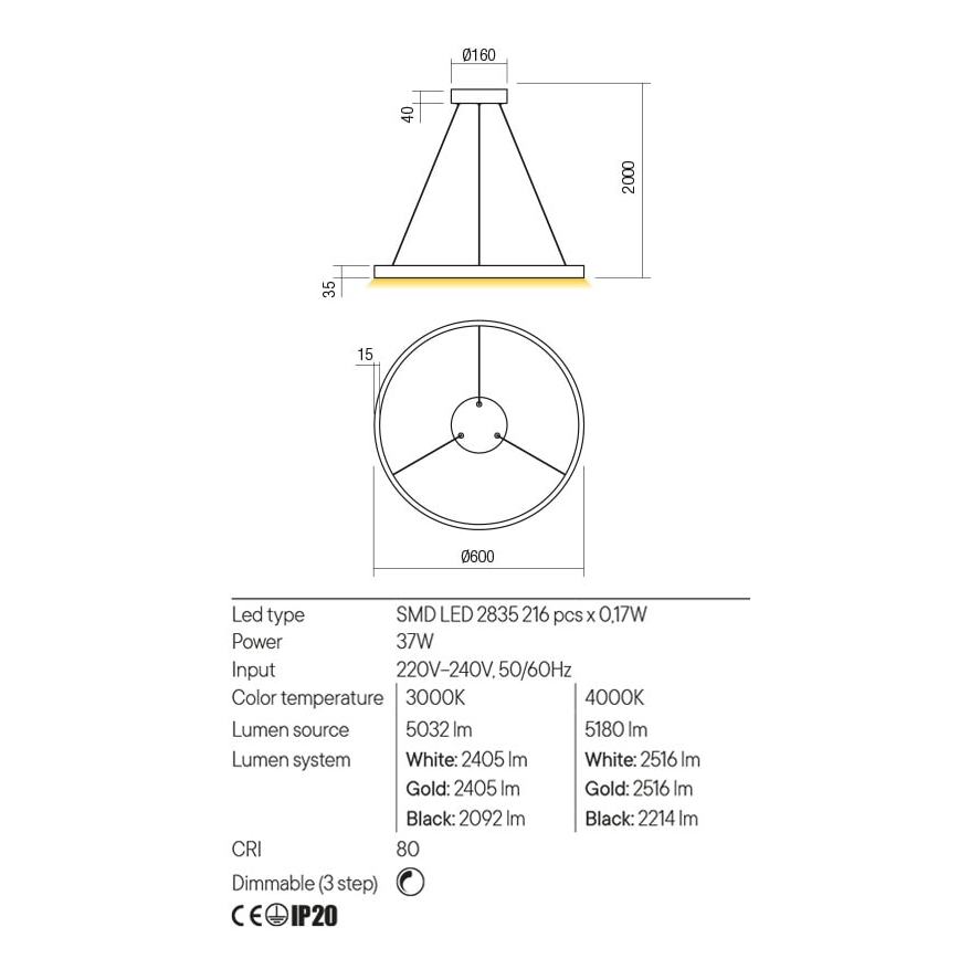 Redo 01-2865 - Lustre LED regulável suspenso por cabo FEBE LED/37W/230V dourado